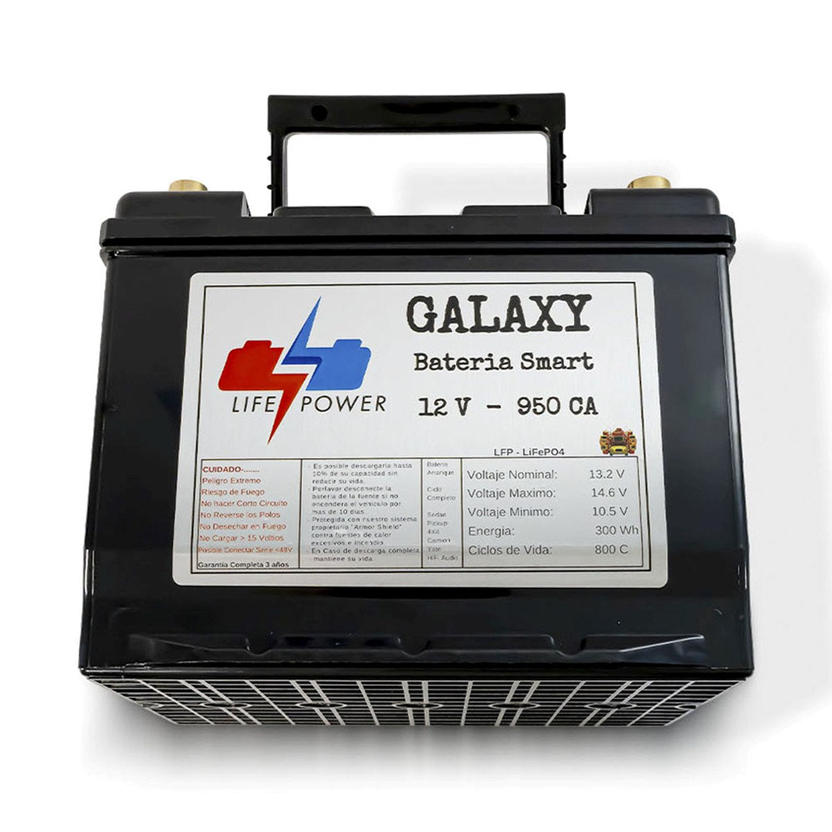 Etiqueta frontal de la batería GALAXY 12V 950 CA LiFePO4 Life Power con garantía de 3 años