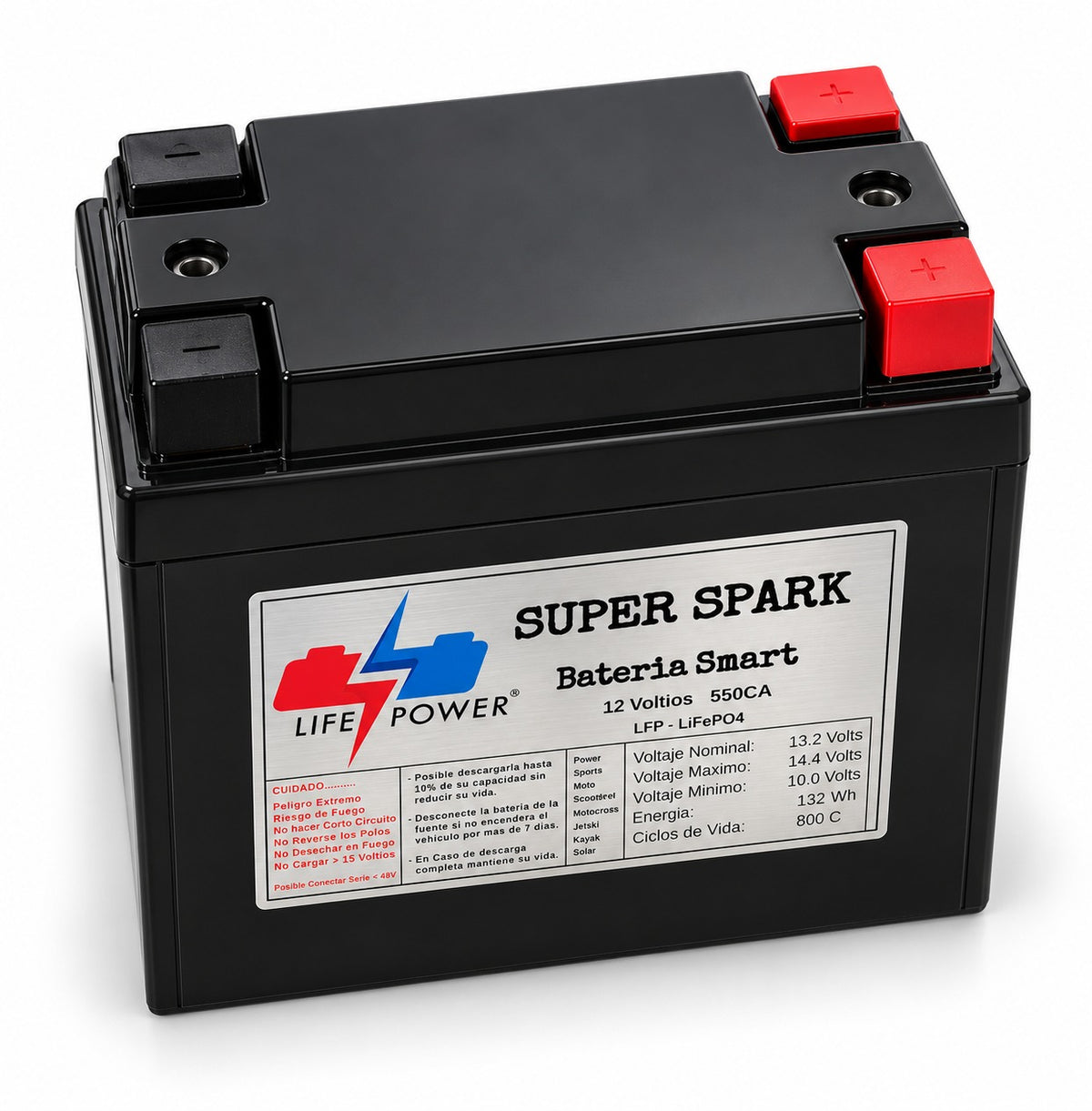 Batería Super Spark 12V 550CA LiFePO4, vista de terminales