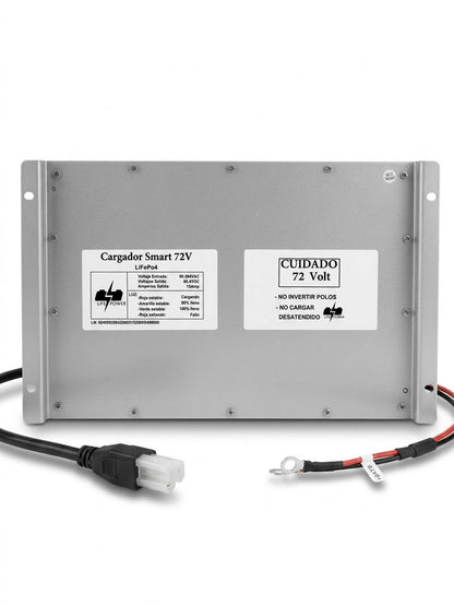Cargador Smart LifePower 72V 15A LiFePO4 - frente con etiquetas y cables