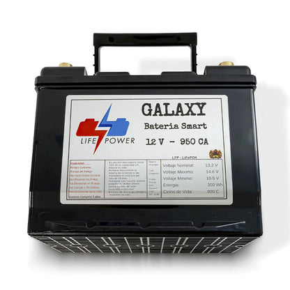 Etiqueta frontal de la batería GALAXY 12V 950 CA LiFePO4 Life Power con garantía de 3 años